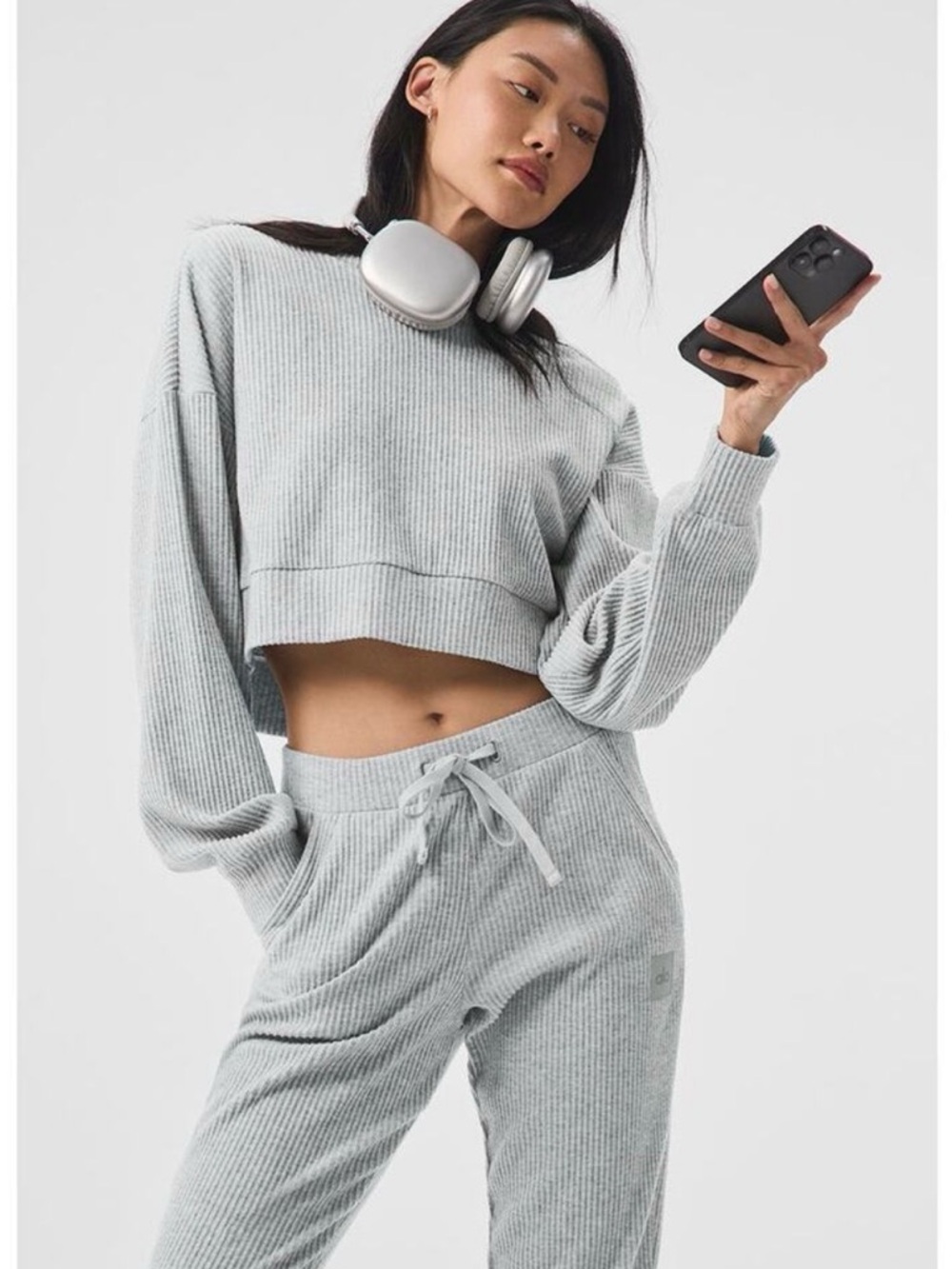 ALO YOGA Muse Hoodie Athletic Heather Gray Cropped Ribbed Sweatshirt Size Large